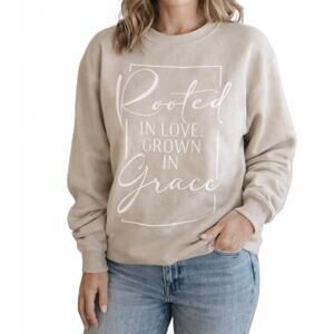 NEW LURE BOUTIQUE rooted in love grown in grace sweatshirt in beige
